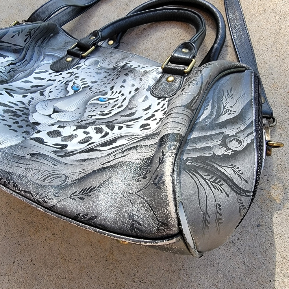 Anna by Anuschka African Leopard Genuine Leather Crossbody Satchel Hand-Painted - Picture 5 of 13